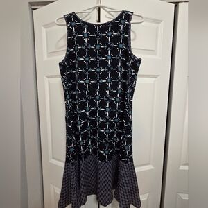 Ann Taylor Loft Geometric Print Dress in Blue and White, Size 10, Flounce Hem
